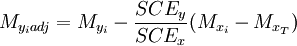 M_{y_iadj}=M_{y_i}-\frac{SCE_y}{SCE_x}(M_{x_i}-M_{x_T})
